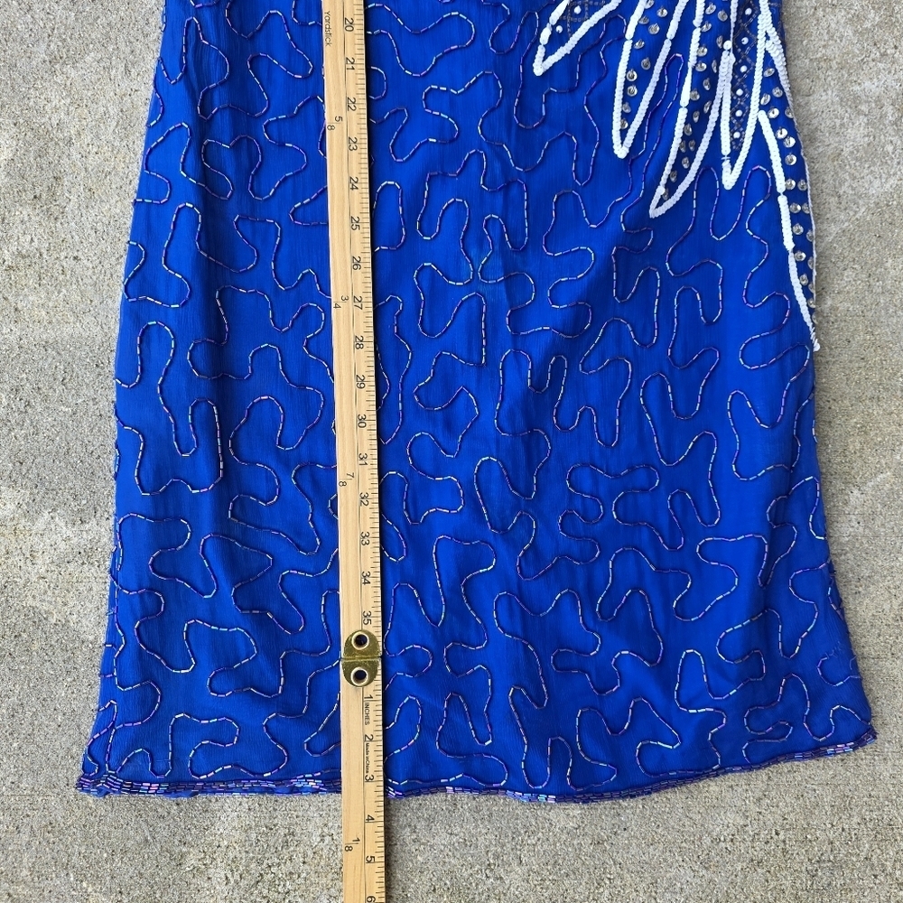 Vintage SWEELO Silk Beaded Blue Cocktail Dress 80s Art Deco Sheath M - Picture 15 of 16